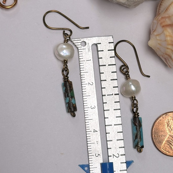 NEW Genuine freshwater pearls with imperial jasper earrings non tarnish copper - Picture 5 of 5